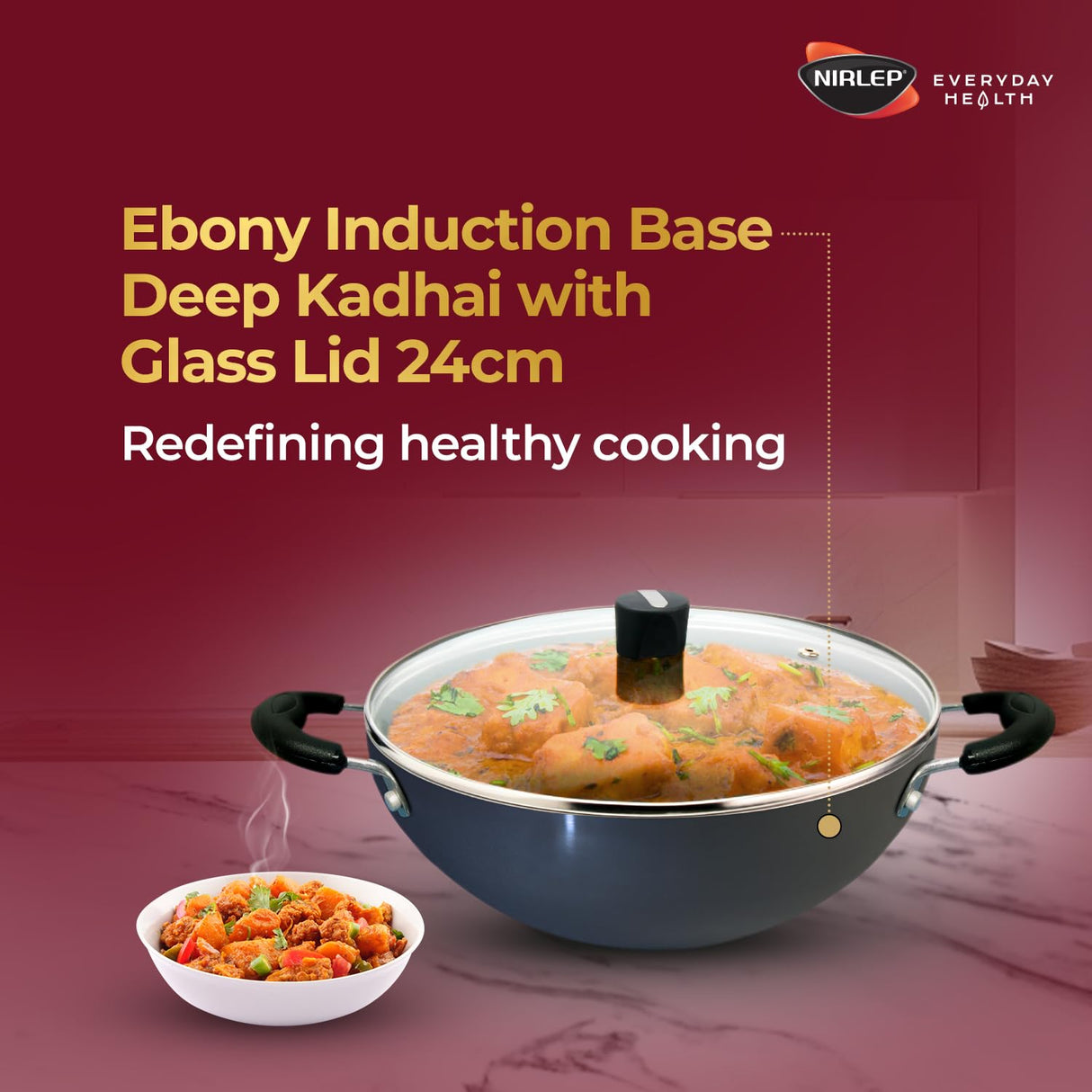 Ebony Hard Anodised Deep Kadhai with Glass Lid