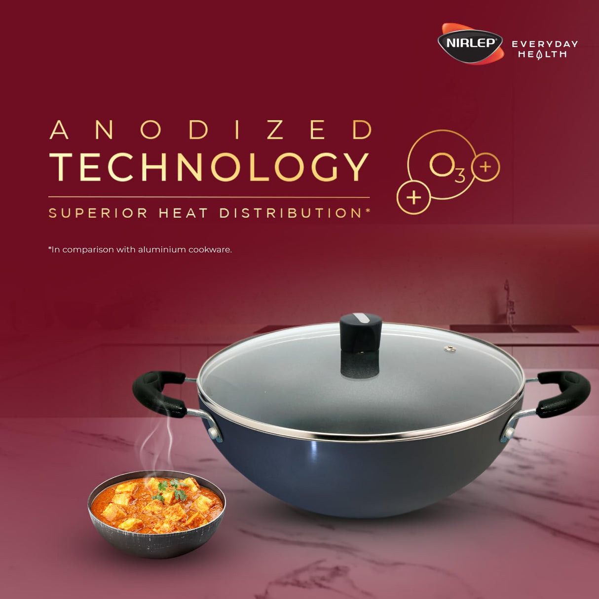 Ebony Hard Anodised Deep Kadhai with Glass Lid