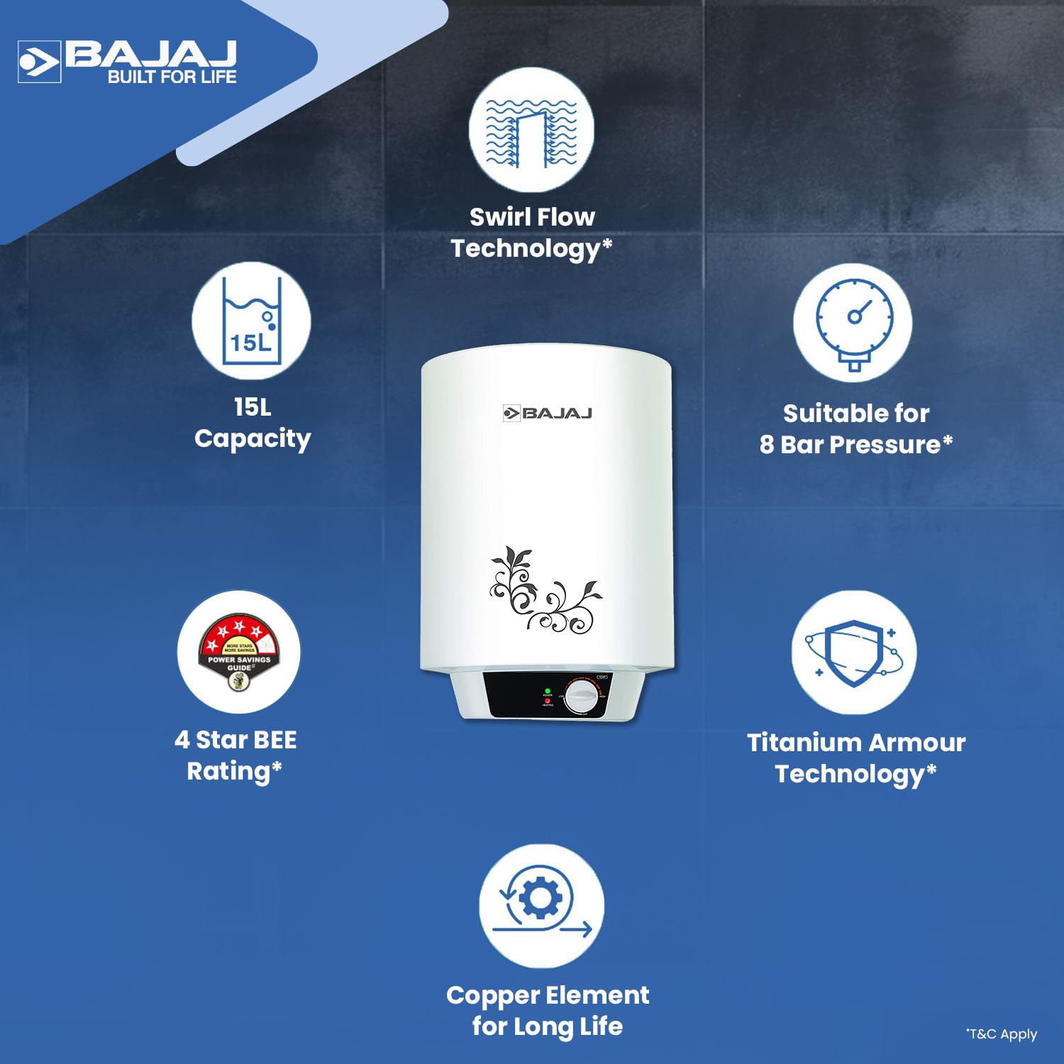 Bajaj Popular Plus 15-Litre Vertical Storage Water Heater (White)
