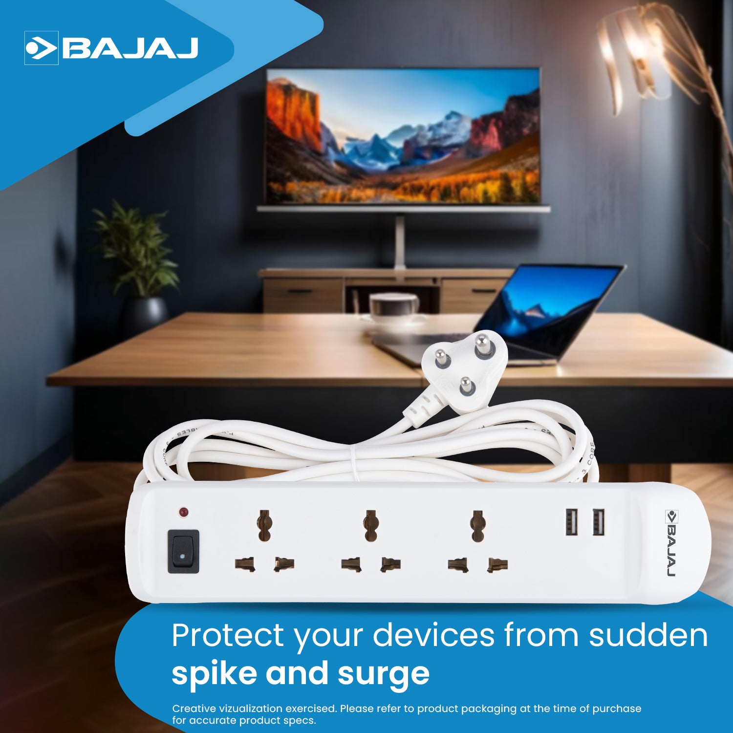 BAJAJ 3 WAY SPIKE AND SURGE GUARD WITH 2 USB