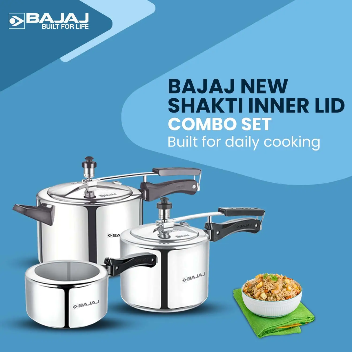 New Shakti Inner Lid 3 Piece Aluminium Pressure Cooker Combo Set