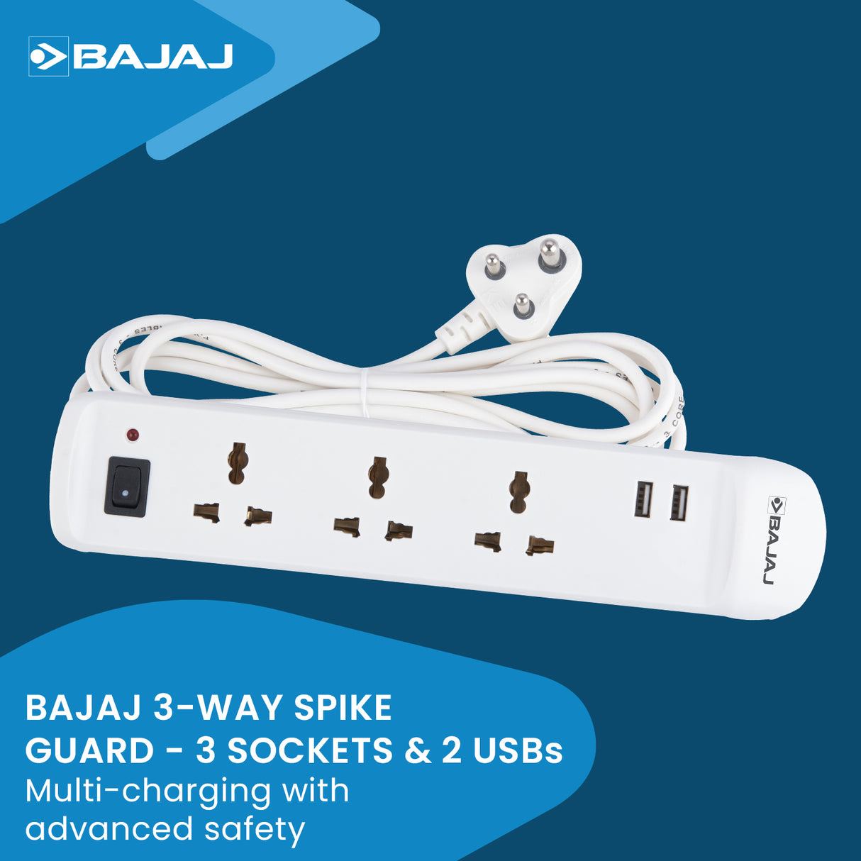 BAJAJ 3 WAY SPIKE AND SURGE GUARD WITH 2 USB