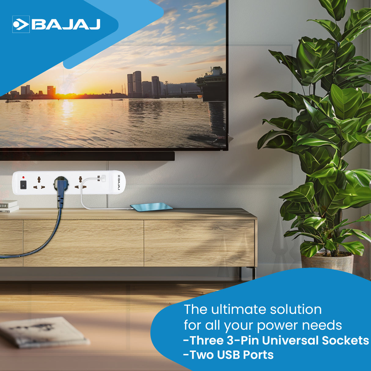BAJAJ 3 WAY SPIKE AND SURGE GUARD WITH 2 USB