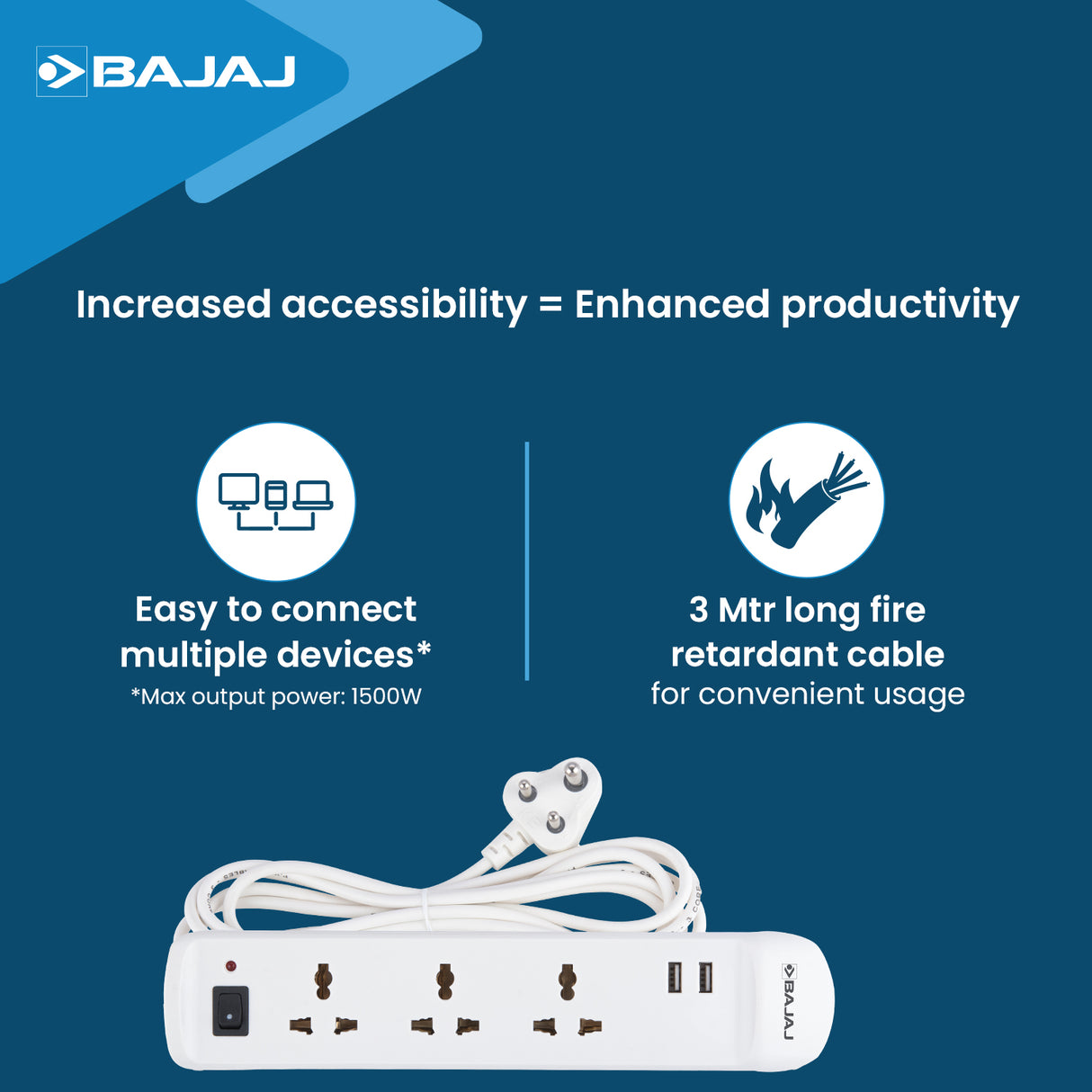 BAJAJ 3 WAY SPIKE AND SURGE GUARD WITH 2 USB