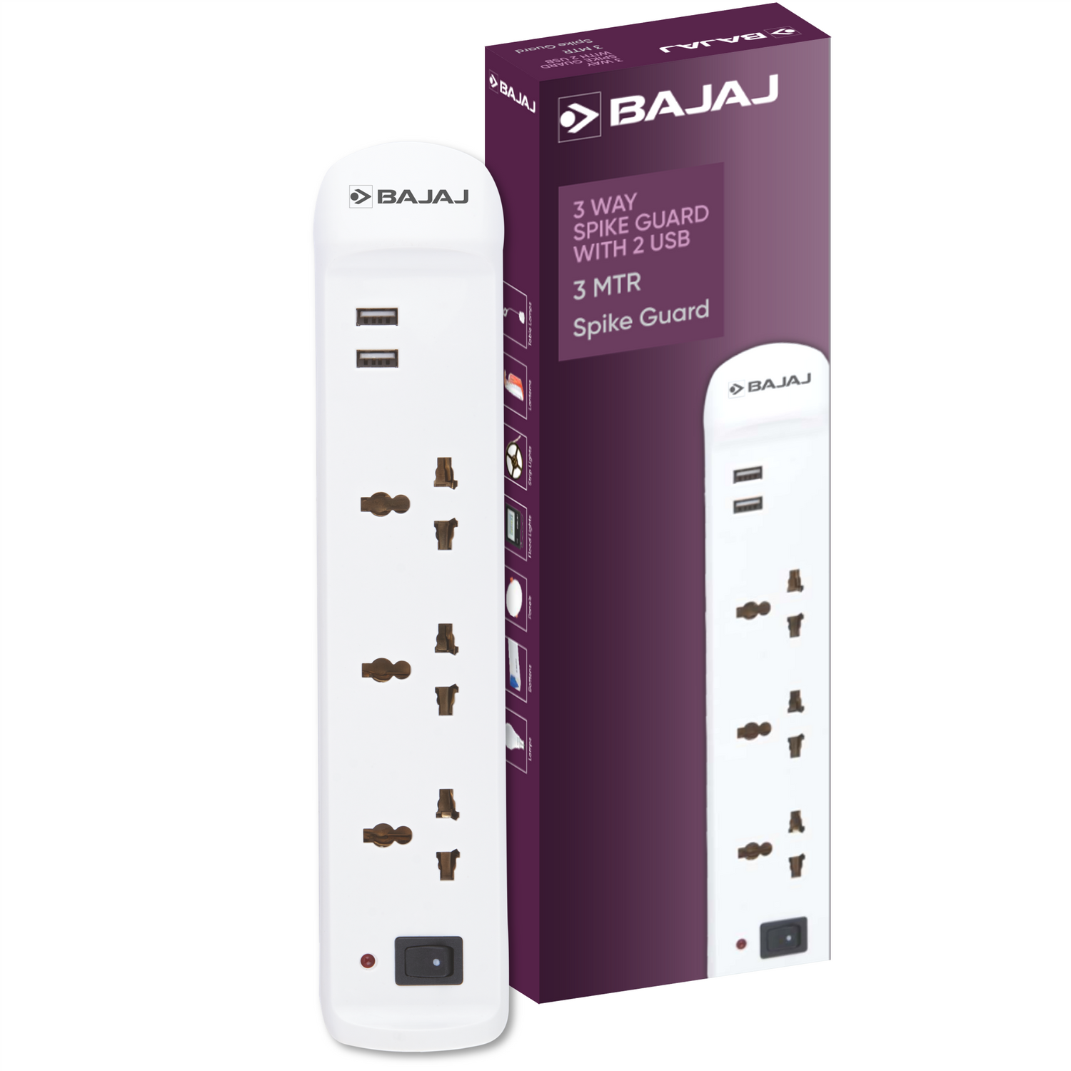 BAJAJ 3 WAY SPIKE AND SURGE GUARD WITH 2 USB