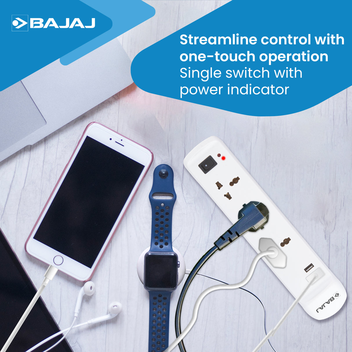 BAJAJ 3 WAY SPIKE AND SURGE GUARD WITH 2 USB