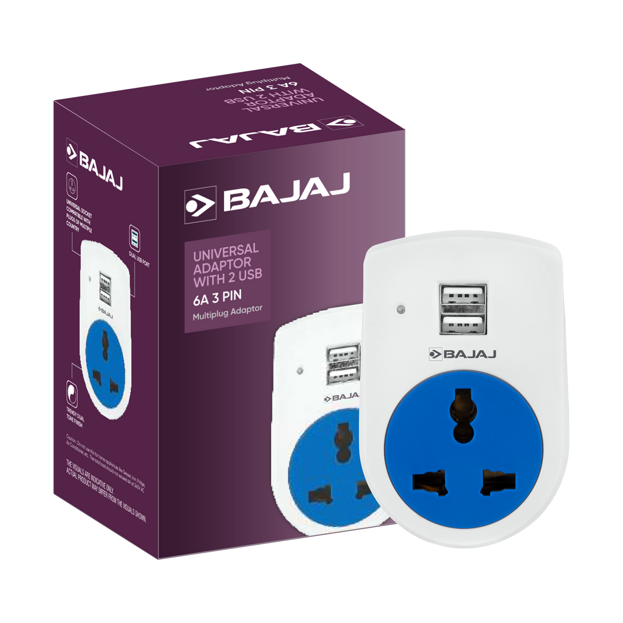 6A 3 PIN UNIVERSAL ADAPTOR WITH 2 USB