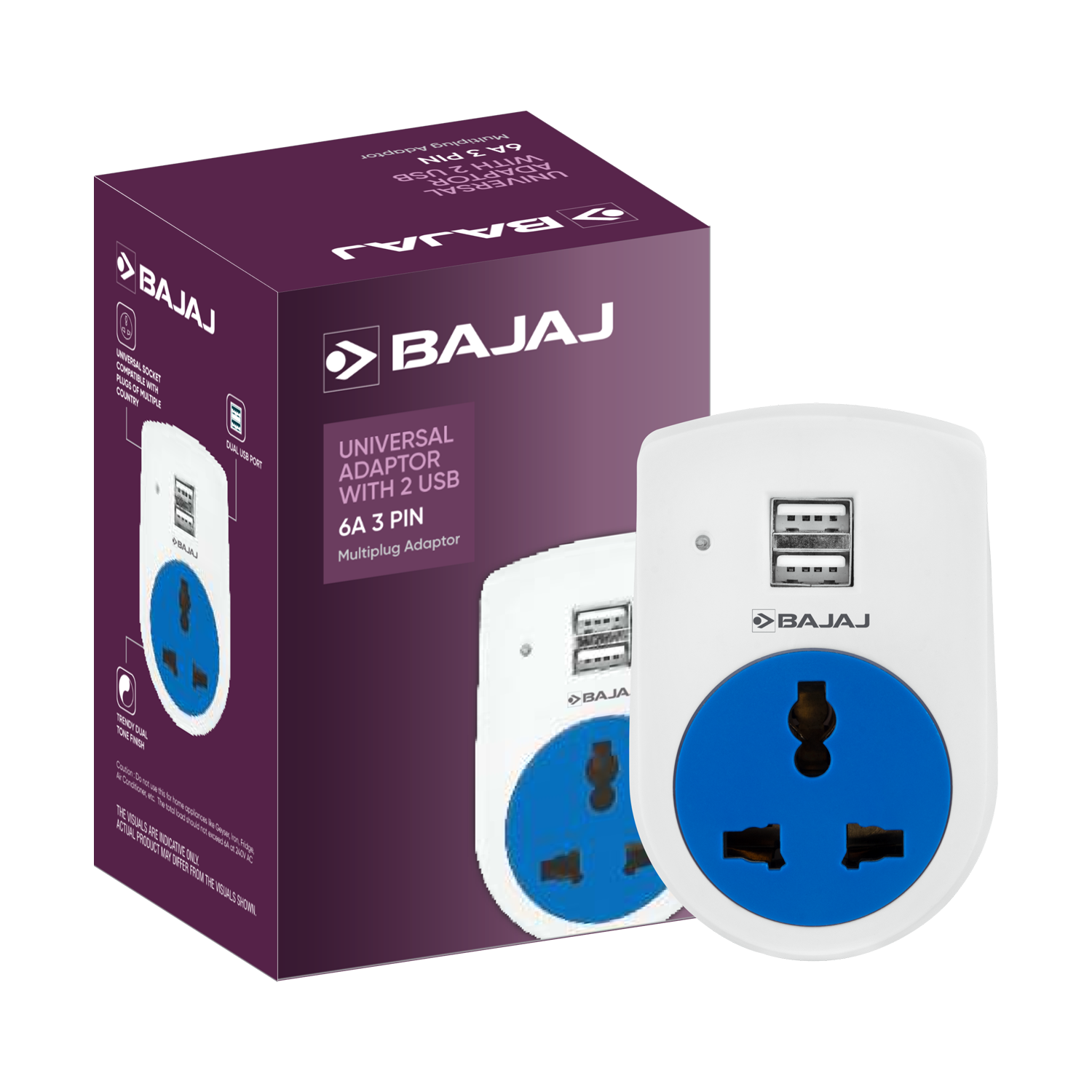 6A 3 PIN UNIVERSAL ADAPTOR WITH 2 USB